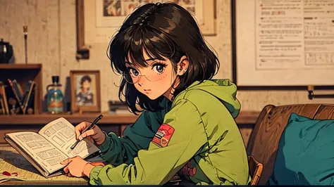 a girl, 80s anime style, retro, lo-fi, piercing, hoodie