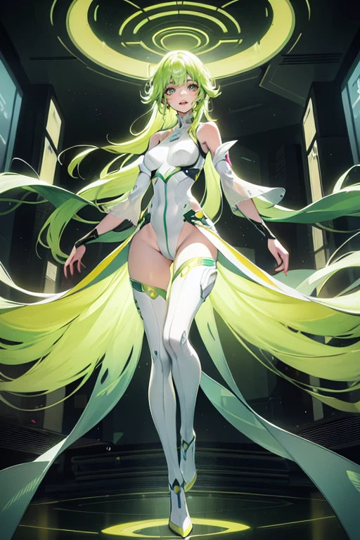 a thin woman with long green hair, yellow-colored eyes sexy sci-fi outfit . best quality, adorable, ultra-detailed, illustration, complex, detailed, extremely detailed, detailed face, soft light, soft focus, perfect face. illustration:full body