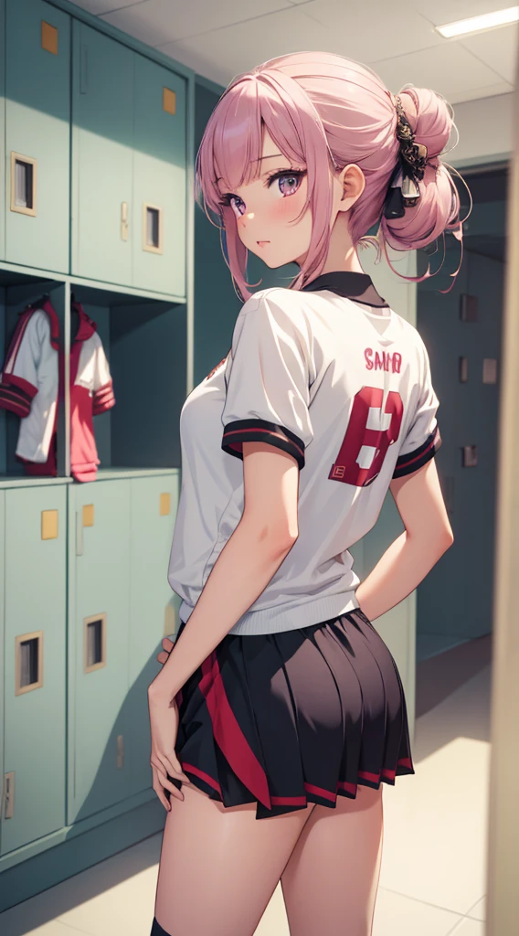 1girl, solo, masterpiece, best quality, high res, highly detailed, (illustration), beautiful detailed eyes, yuigahama yui, single hair bun, glossy lips, light makeup, standing, sport uniform, locker room, sneakers, (view from behind)