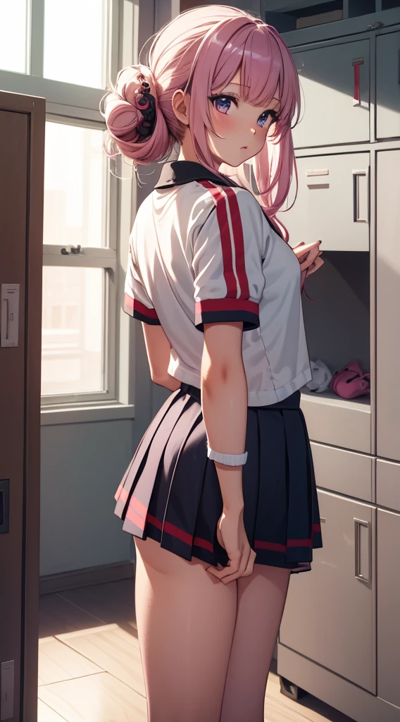 1girl, solo, masterpiece, best quality, high res, highly detailed, (illustration), beautiful detailed eyes, yuigahama yui, single hair bun, glossy lips, light makeup, standing, sport uniform, locker room, sneakers, (view from behind)