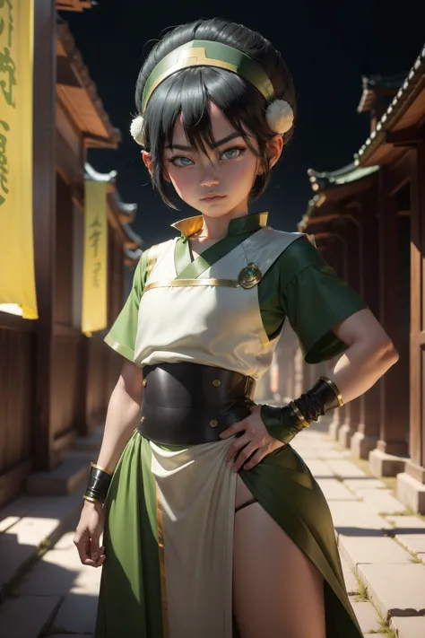 Ultra detailed ,beautiful  , delicada ,Toph beifong , 10 year old  girl ,japonese  girl ,1girl , flat  chest , green  clothes , ...