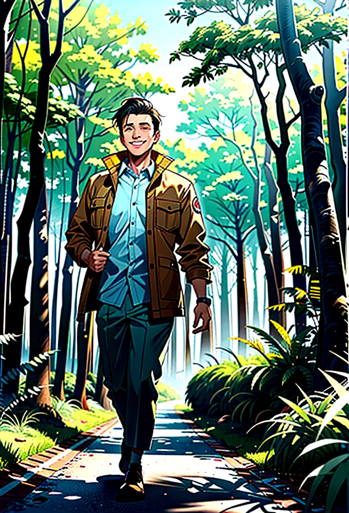 (最佳品質者) 1 穿著探險服的快樂男子在茂密的森林中行走 