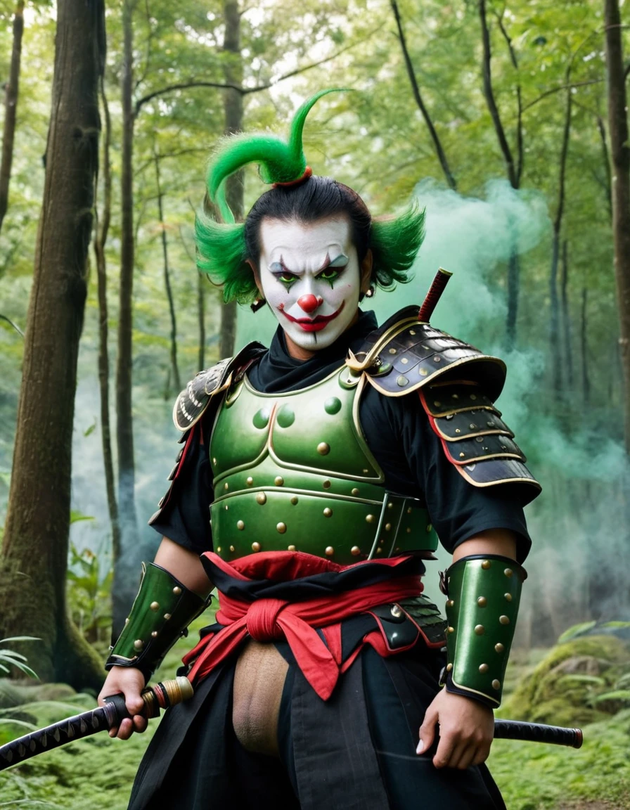Un payaso samurái con maquillaje demoníaco., humo espectral verde que sale de su rostro, y armadura tradicional japonesa. El fondo es un oscuro, bosque místico.