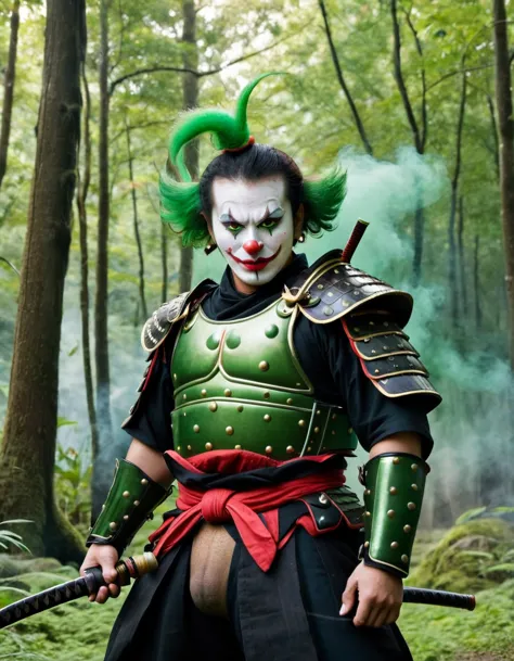 A samurai clown with demonic makeup, green spectral smoke rising from his face, and traditional Japanese armor. The background i...