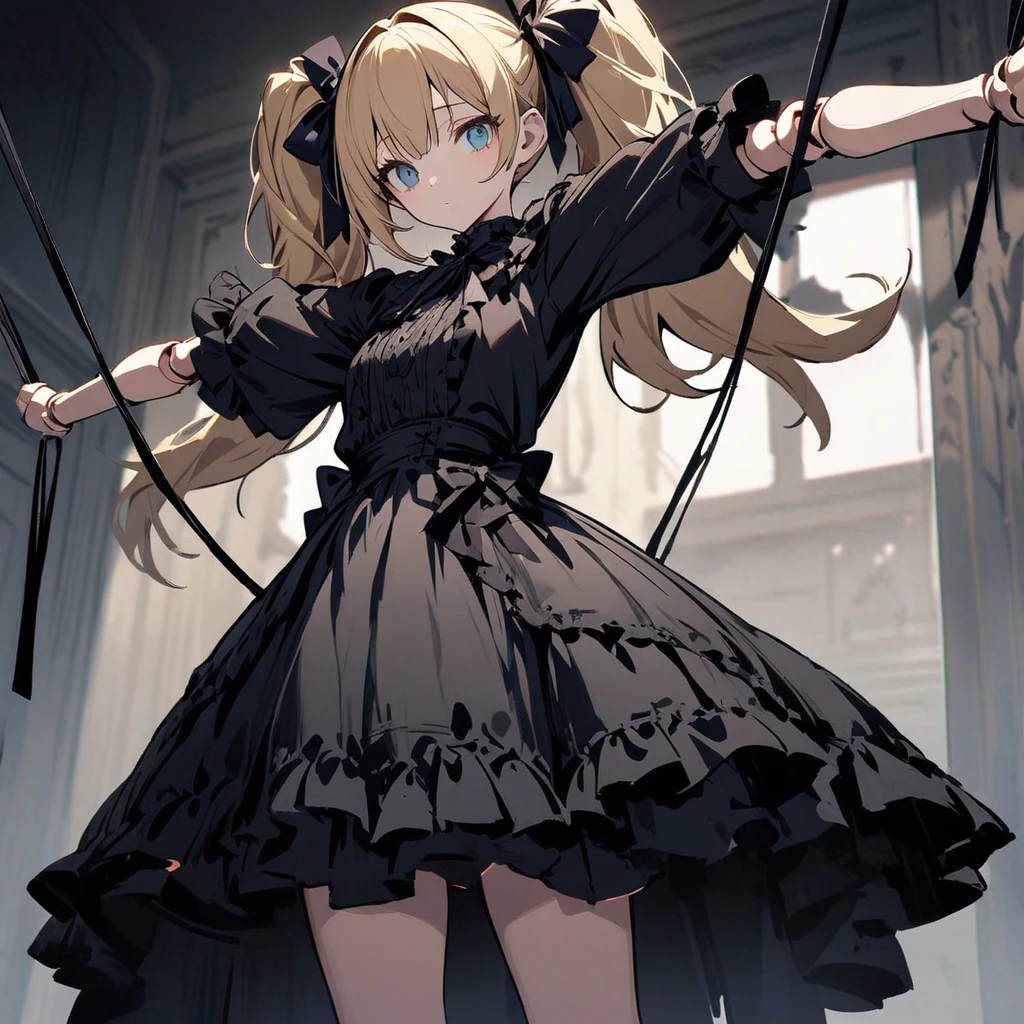 Highest quality,masterpiece,One girl,alone,Suspend,Beautiful Eyes, blue, Blonde, Twin tails,Beautiful Face,Cowboy Shot,Expressionless,Hanging by a thread,whole body,Are standing,suspension,Hollow,Doll joints,Short sleeve,skirt,Tilt your head,Outstretched arms,Gothic Lolita Fashion、Headband,ribbon,Looking through the mirror