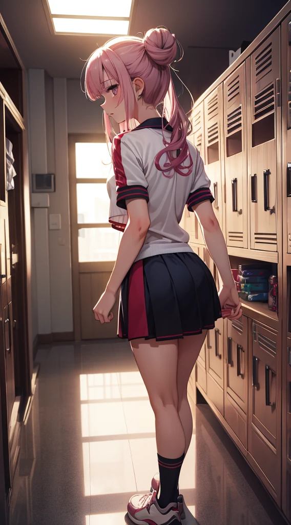 1girl, solo, masterpiece, best quality, high res, highly detailed, (illustration), beautiful detailed eyes, mori calliope, single hair bun, glossy lips, light makeup, standing, sport uniform, locker room, sneakers, (view from behind)