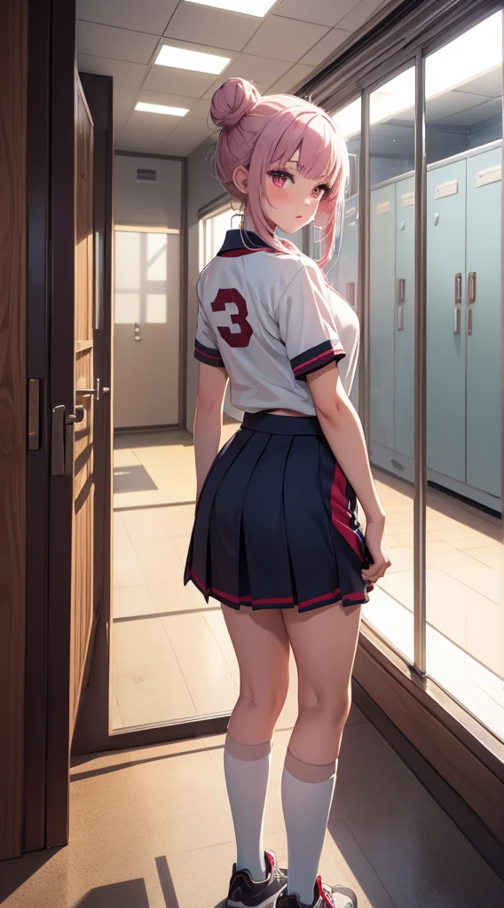 1girl, solo, masterpiece, best quality, high res, highly detailed, (illustration), beautiful detailed eyes, mori calliope, single hair bun, glossy lips, light makeup, standing, sport uniform, locker room, sneakers, (view from behind)