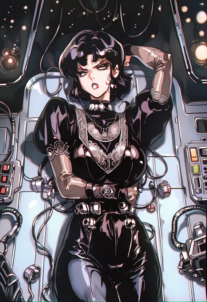 ((gothic vampire piloting in gothic spacecraft)), (((retro anime))), ((from below)), ((120 fov)), ((((gothic control panels)))), ((mature)), (((gothic))), iridescent bodysuit, ((lace accessories)), ((pilot seat)), ((((lying back)) pose)), ((elegant)), (((serious tone))), futuristic, ((cockpit top control panel)), intricate control panel details, 1990s (style), [blushing], sweat, masterpiece, ((claustrophobic)), sparkles, best quality, screens, ((pilot helmet)), ((hands on controls)), night, space, ((cockpit lights))