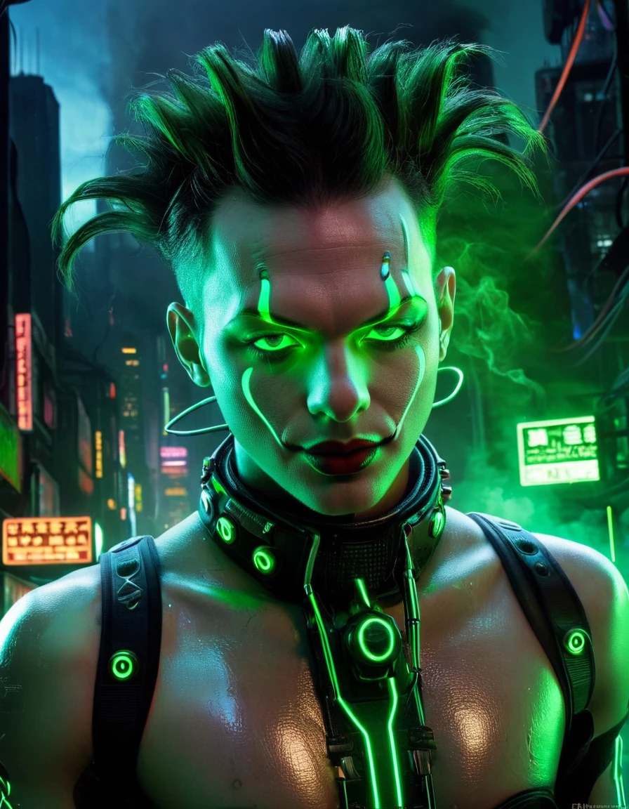 Ein futuristischer Clown mit neonfarbenen kybernetischen Implantaten, grüner digitaler Rauch steigt aus seinem Gesicht, und High-Tech-Make-up. Der Hintergrund ist eine dunkle Cyberpunk-Stadtlandschaft.