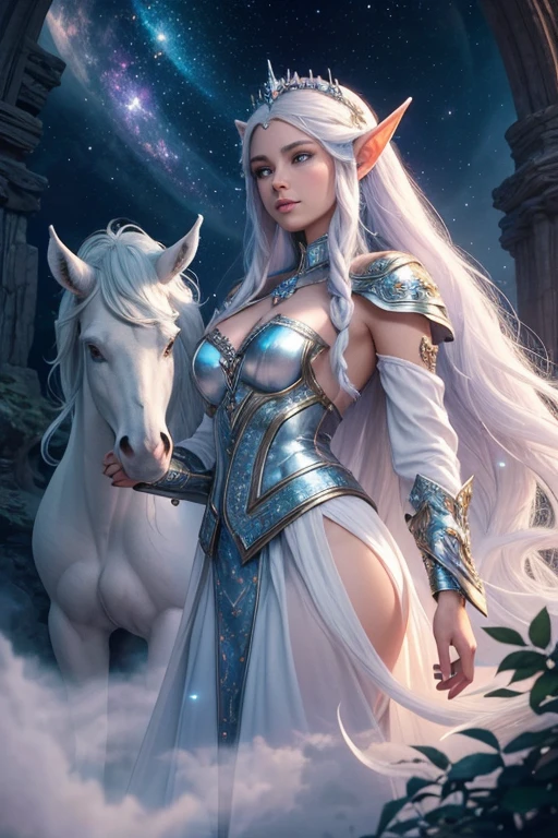 Epic cinematic brilliant stunning intricately detailed dramatic atmospheric maximalist digital matte painting Stunning professional masterpiece of a beautiful young elf with pointed ears named Arwen with long straight white hair, piercing crystal blue eyes, the elf stands next to her bright white unicorn, its fur shines like small specks of glitter due to the sunlight that falls on the figure of the elf and the unicorn. Lamluz is soft and warm. As a backdrop there is a mystical landscape that surrounds the image creating a magical atmosphere. ethereal fantasy hyperdetailed mist Thomas Kinkade 8k resolution holographic astral cosmic illustration mixed media by Pablo Amaringo heavenly sunshine beams divine bright soft focus holy in the clouds