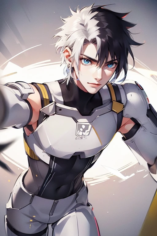 1 male (tall man, slim, manly, dominate,  stripe colored hair, man has yellow eyes, tough, wearing a sci-fi space outfit, has 1 earring.) best quality, ultra-detailed, illustration, complex, detailed, extremely detailed, detailed face, soft light, soft focus, perfect face, illustration: Full Body