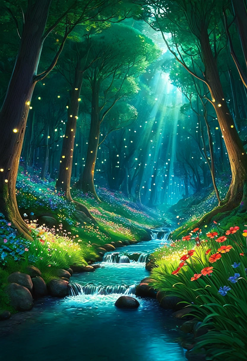 Artistic Image
Type of Image: Digital Illustration
Subject Description: A mystical forest with towering trees, vibrant flowers, and a gentle stream flowing through it. The forest is filled with magical creatures like fairies, unicorns, and glowing fireflies. The atmosphere is enchanting and full of wonder.
Art Styles: Fantasy, Magical Realism
Art Inspirations: Art Station, Deviantart, Fairy tale illustrations, Hayao Miyazaki's films
Camera: N/A
Shot: N/A
Render Related Information: High level of detail, vibrant colors, soft lighting, dreamy atmosphere