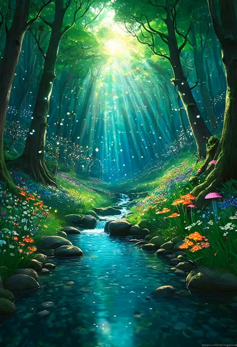 Artistic Image
Type of Image: Digital Illustration
Subject Description: A mystical forest with towering trees, vibrant flowers, ...