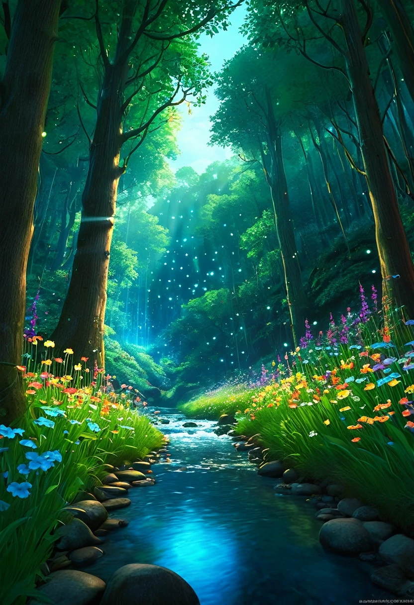 Artistic Image
Type of Image: Digital Illustration
Subject Description: A mystical forest with towering trees, vibrant flowers, and a gentle stream flowing through it. The forest is filled with magical creatures like fairies, unicorns, and glowing fireflies. The atmosphere is enchanting and full of wonder.
Art Styles: Fantasy, Magical Realism
Art Inspirations: Art Station, Deviantart, Fairy tale illustrations, Hayao Miyazaki's films
Camera: N/A
Shot: N/A
Render Related Information: High level of detail, vibrant colors, soft lighting, dreamy atmosphere