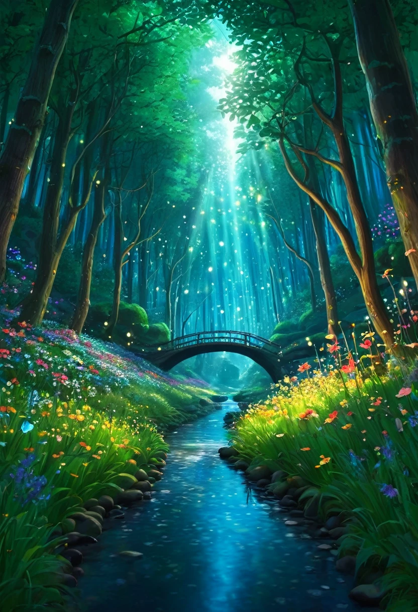 Artistic Image
Type of Image: Digital Illustration
Subject Description: A mystical forest with towering trees, vibrant flowers, and a gentle stream flowing through it. The forest is filled with magical creatures like fairies, unicorns, and glowing fireflies. The atmosphere is enchanting and full of wonder.
Art Styles: Fantasy, Magical Realism
Art Inspirations: Art Station, Deviantart, Fairy tale illustrations, Hayao Miyazaki's films
Camera: N/A
Shot: N/A
Render Related Information: High level of detail, vibrant colors, soft lighting, dreamy atmosphere