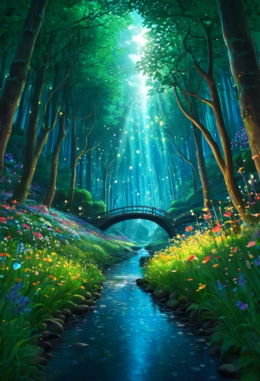 Imagen artística Tipo de imagen: Ilustración digital Tema Descripción: Un bosque místico con árboles altísimos, flores vibrantes, y una suave corriente que fluye a través de él. El bosque está lleno de criaturas mágicas como las hadas., unicornios, y luciérnagas brillantes. El ambiente es encantador y lleno de maravillas..
Estilos de arte: fantasía, Inspiraciones artísticas del realismo mágico: estación de arte, deviantart, Ilustraciones de cuentos de hadas, Las películas de Hayao Miyazaki Cámara: norte/Un
Tiro: norte/Un
Información relacionada con Render: Alto nivel de detalle, Colores vibrantes, iluminación suave, atmósfera de ensueño