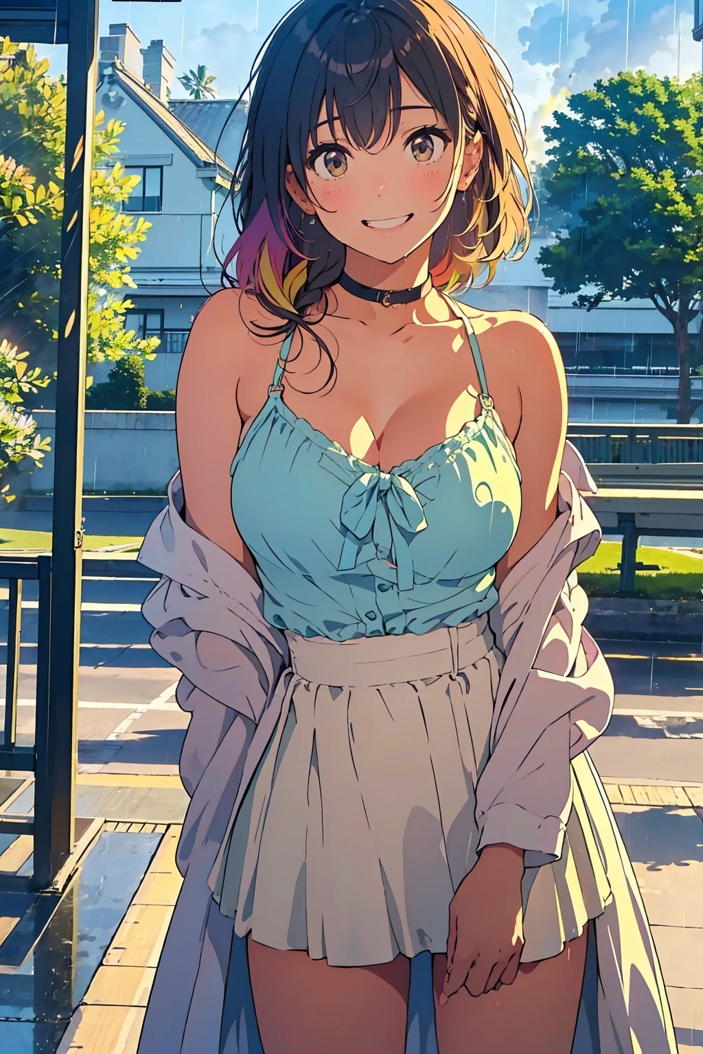 a girl in summer clothes, Camisole, random color, 25age, casual dress, making as if she wants to kiss you, (cute girl bending down looking at camera), large breasts, cleavage, random hair color, random background, Vivid Photos, flirtatious look, ((very detailed)), (perfectly detailed face), cute face,  (well detailed hand),  photorealistic image, bus stop, bench,countryside, ((rain, bus stopでrain宿り)), (rainbow, A sky with a rainbow), レトロなbus stop, slouch, ((A refreshing smile)),