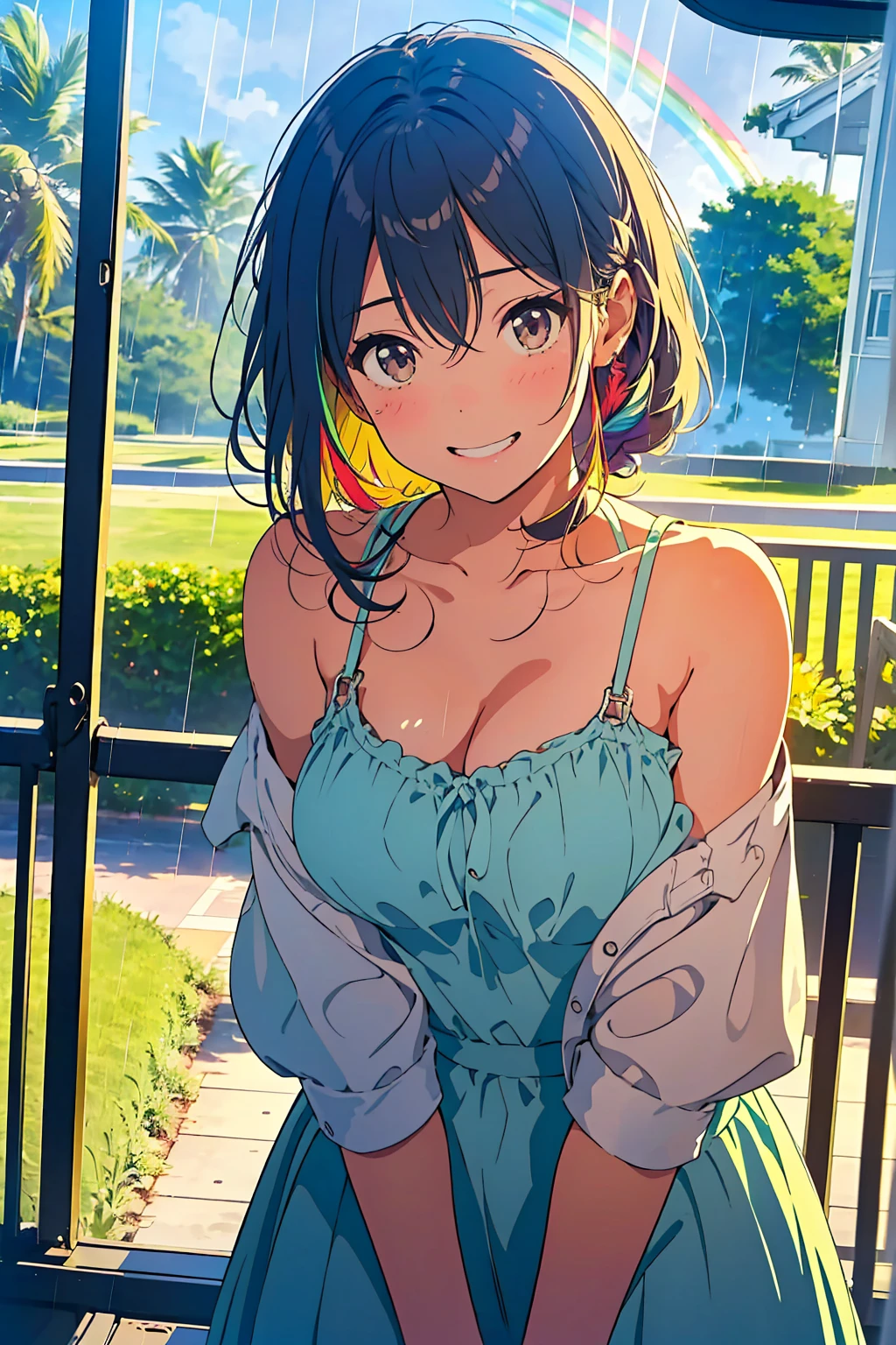 a girl in summer clothes, Camisole, random color, 25age, casual dress, making as if she wants to kiss you, (cute girl bending down looking at camera), large breasts, cleavage, random hair color, random background, Vivid Photos, flirtatious look, ((very detailed)), (perfectly detailed face), cute face,  (well detailed hand),  photorealistic image, bus stop, bench,countryside, ((rain, bus stopでrain宿り)), (rainbow, A sky with a rainbow), レトロなbus stop, slouch, ((A refreshing smile)),