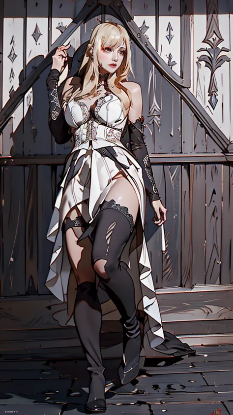 (dynamic porn pose),(leather boots,(asymmetrical armor),(long embroidered lace dress,see through,lift up the hem of the dress)),...