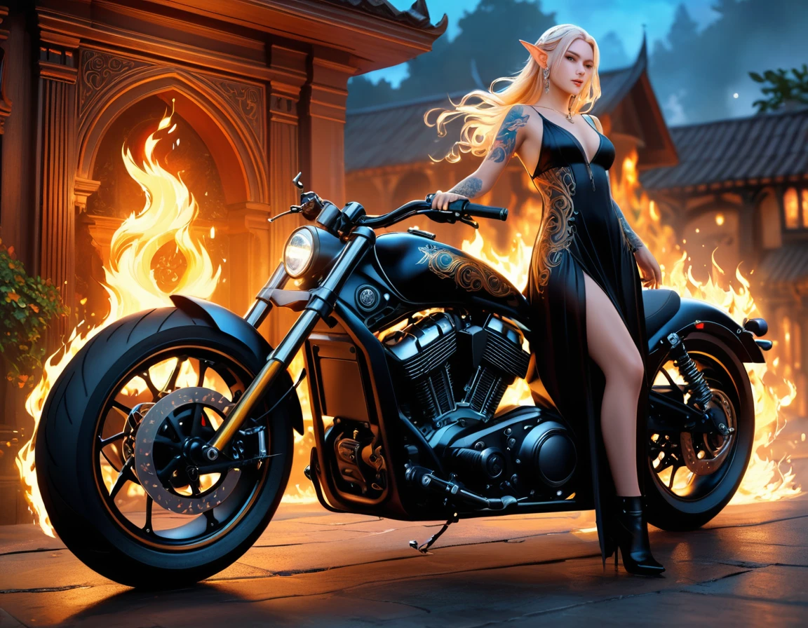 Arafed, Dark fantasy art, fantasy art, goth art, a picture of a of a tattooed female elf near her motorcycle (masterwork, best detailed, ultra detail: 1.5)  the tattoo is vivid, intricate detailed coming to life from the ink to real life, GlowingRunesAI_pale_blue, ((fire surrounds the motorcycle: 1.5)), ultra feminine, ((beautiful delicate face)), Ultra Detailed Face, small pointed ears, dynamic angle, ((the back is visible: 1.3), she wears a transparent black dress, the dress is elegant, flowing, elven style, that the tattoos glow, dynamic hair color, dynamic hair style, high details, best quality, 16k, [ultra detailed], masterpiece, best quality, (extremely detailed), dynamic angle, full body shot, faize, drkfntasy, Digital Painting
