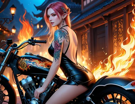 Arafed, Dark fantasy art, fantasy art, goth art, a picture of a of a tattooed female elf near her motorcycle (masterwork, best d...