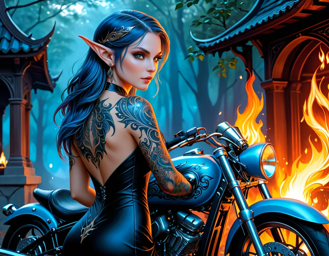 Arafed, Dark fantasy art, fantasy art, goth art, a picture of a of a tattooed female elf near her motorcycle (masterwork, best detailed, ultra detail: 1.5)  the tattoo is vivid, intricate detailed coming to life from the ink to real life, GlowingRunesAI_pale_blue, ((fire surrounds the motorcycle: 1.5)), ultra feminine, ((beautiful delicate face)), Ultra Detailed Face, small pointed ears, dynamic angle, ((the back is visible: 1.3), she wears a transparent black dress, the dress is elegant, flowing, elven style, that the tattoos glow, dynamic hair color, dynamic hair style, high details, best quality, 16k, [ultra detailed], masterpiece, best quality, (extremely detailed), dynamic angle, full body shot, faize, drkfntasy, Digital Painting