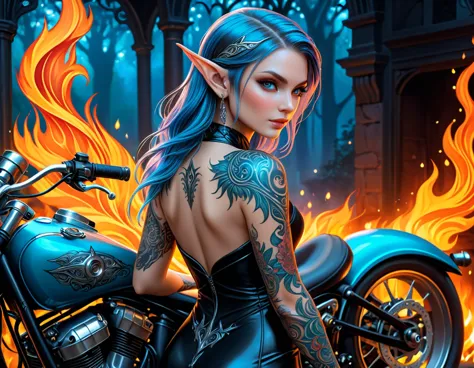 arafed, dark fantasy art, fantasy art, goth art, a picture of a of a tattooed female elf near her motorcycle (masterwork, best d...