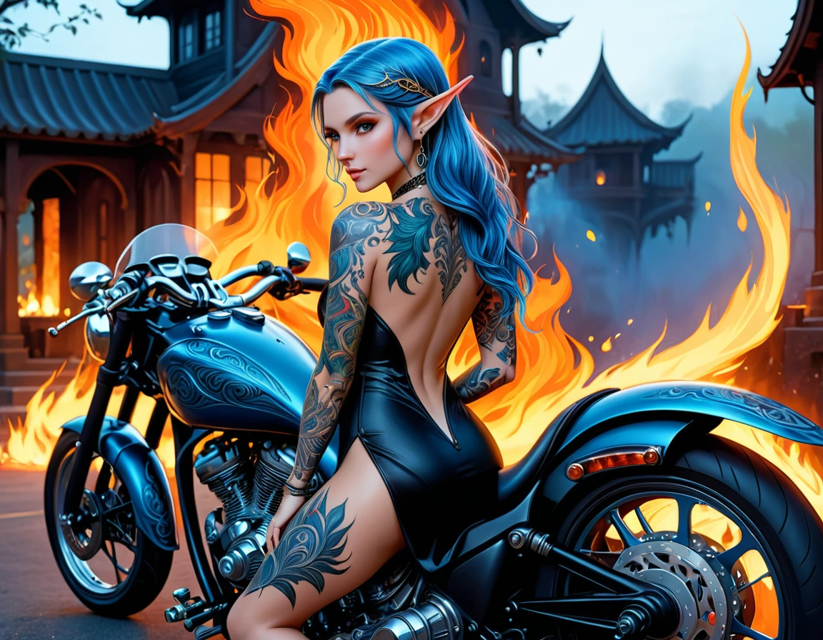 Arafed, Dark art fantastique, art fantastique, art gothique, une photo d&#39;une elfe tatouée près de sa moto (chef-d&#39;œuvre, le mieux détaillé, Ultra détaillé: 1.5)  le tatouage est vif, des détails complexes prenant vie, de l&#39;encre à la vie réelle, GlowingRunesAI_pâle_bleu, ((le feu entoure la moto: 1.5)), ultra féminin, ((Beau visage délicat)), visage ultra détaillé, petites oreilles pointues, angle dynamique, ((Le dos est visible: 1.3), elle porte une robe noire transparente, la robe est élégante, écoulement, style elfique, que les tatouages brillent, couleur de cheveux dynamique, coiffure dynamique, détails élevés, meilleure qualité, 16k, [Ultra détailléed], chef-d&#39;œuvre, meilleure qualité, (extrêmement détaillé), angle dynamique, photo de tout le corps, intéresser, drkfntasie, peinture numérique