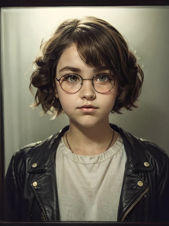 photo portrait of a young chubby Russian girl, corneal reflections, Detailed leather texture, lump on the skin, fuzz on the skin, Fluffy hair, medium length brown tousled hair (rebellious late 80s hairstyle), amber eyes, glasses with lenses, peering into the horizon, in room, a dark room, depth of field, backlight