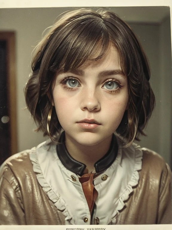 photo portrait of a young chubby Russian girl, corneal reflections, Detailed leather texture, lump on the skin, fuzz on the skin, Fluffy hair, medium length brown tousled hair (rebellious late 80s hairstyle), amber eyes, glasses with lenses, peering into the horizon, in room, a dark room, depth of field, backlight