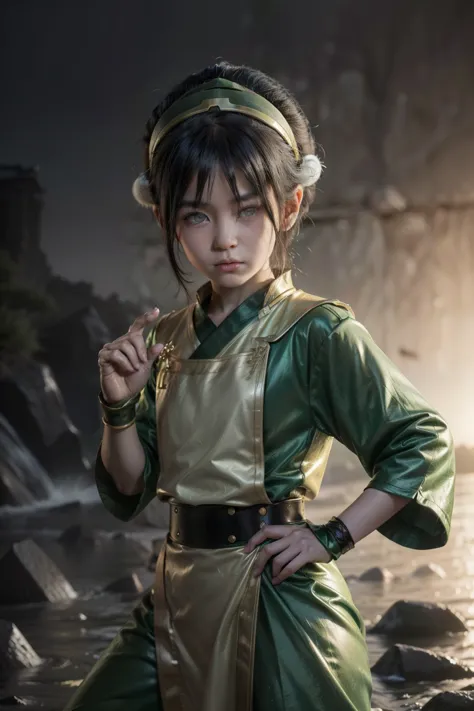 Ultra detailed ,beautiful  , delicada ,Toph beifong , 10 year old  girl ,japonese  girl ,1girl , flat  chest , green  clothes , ...