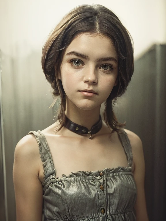 photo portrait of a young chubby Russian girl, corneal reflections, Detailed leather texture, lump on the skin, fuzz on the skin, Fluffy hair, medium length brown tousled hair just below the shoulders (rebellious late 80s hairstyle), amber eyes, glasses with lenses, peering into the horizon, in room, a dark room, depth of field, backlight