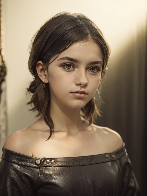 photo portrait of a young chubby Russian girl, corneal reflections, Detailed leather texture, lump on the skin, fuzz on the skin, Fluffy hair, medium length brown tousled hair just below the shoulders (rebellious late 80s hairstyle), amber eyes, glasses with lenses, peering into the horizon, in room, a dark room, depth of field, backlight