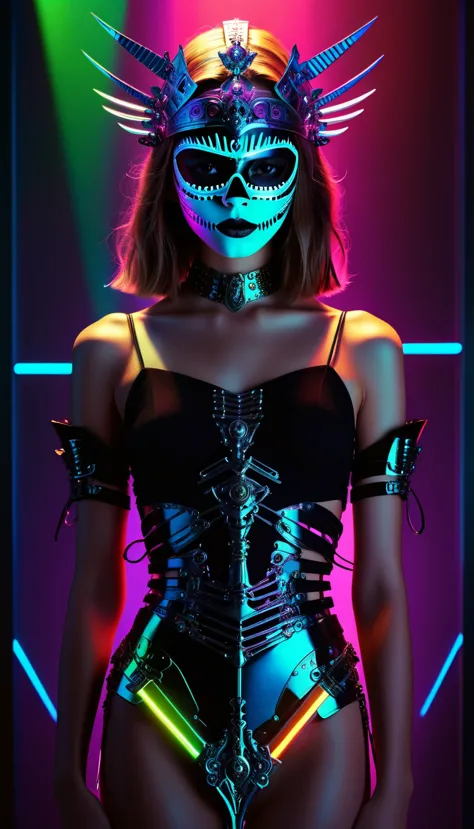 tarot card, chiaroscuro technique on sensual illustration of an queen of sword, a teenage fashion model wearing an exo-skeleton ...