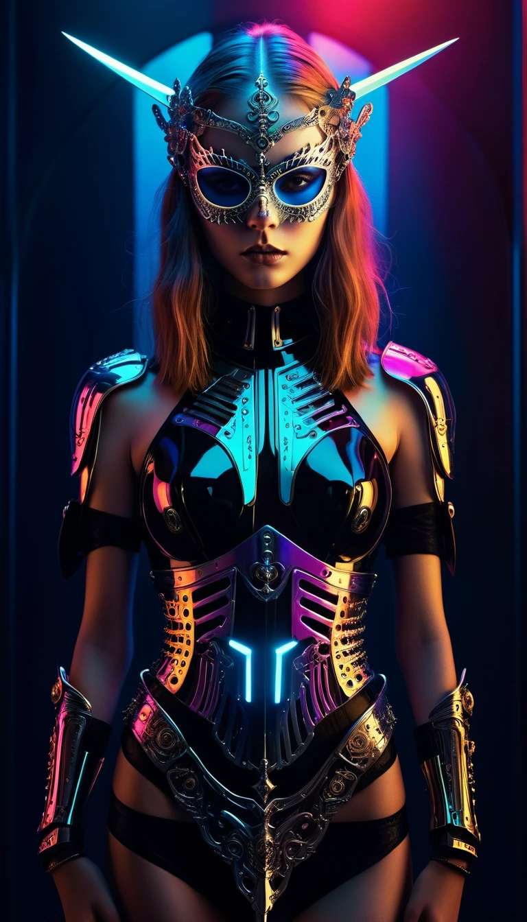 Tarotkarte, Hell-Dunkel-Technik zur sinnlichen Darstellung einer Schwertkönigin, ein jugendliches Modemodel, das eine Exoskelettmaske trägt, leuchtende Farben, futuristic cyberpunk style, komplizierte Details, filmische Beleuchtung, dramatische pose, 