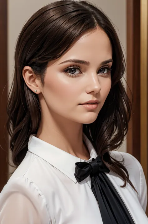 30 year old woman with brunette hair, wearing formal wear.