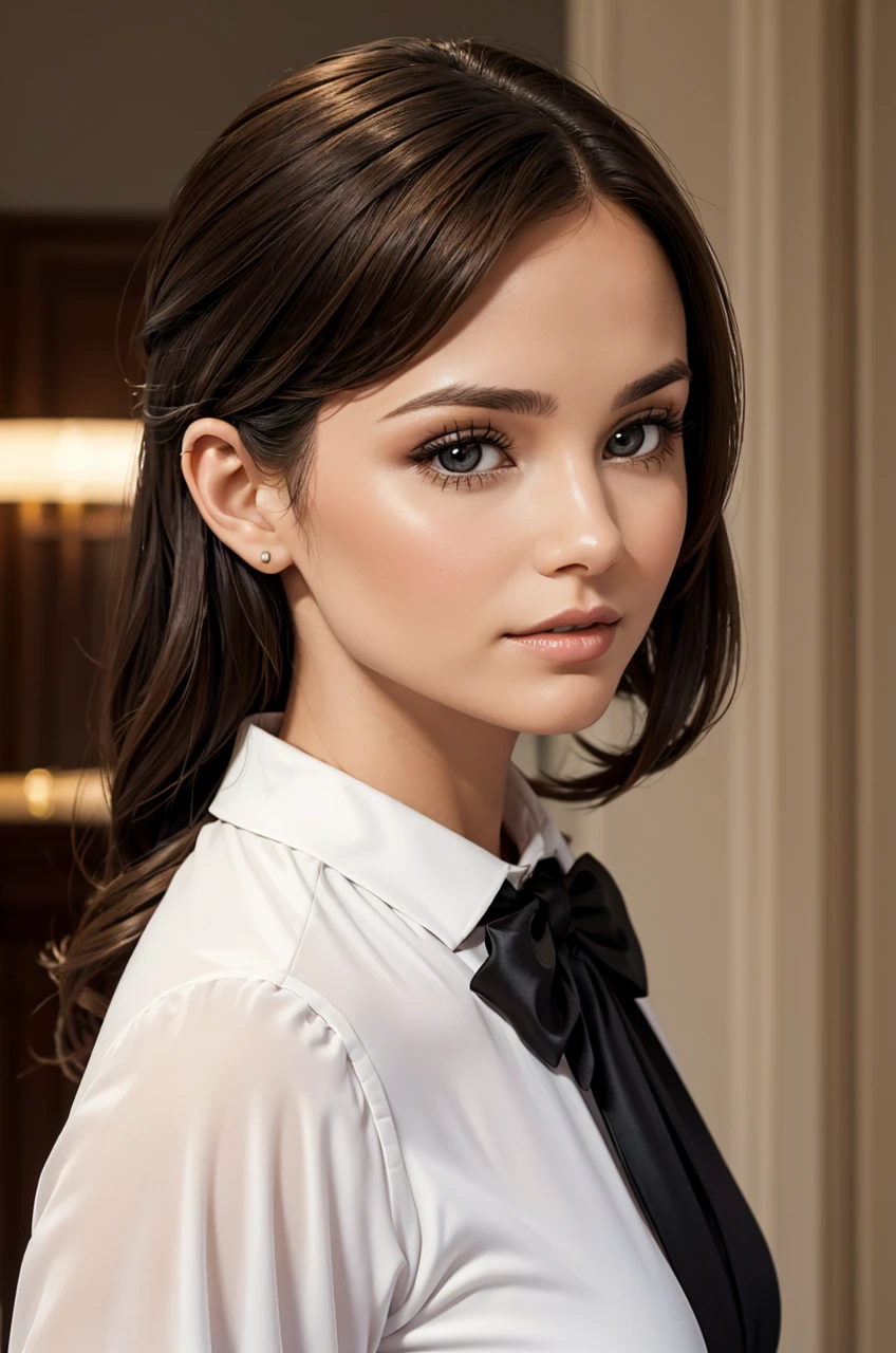30 year old woman with brunette hair, wearing formal wear.