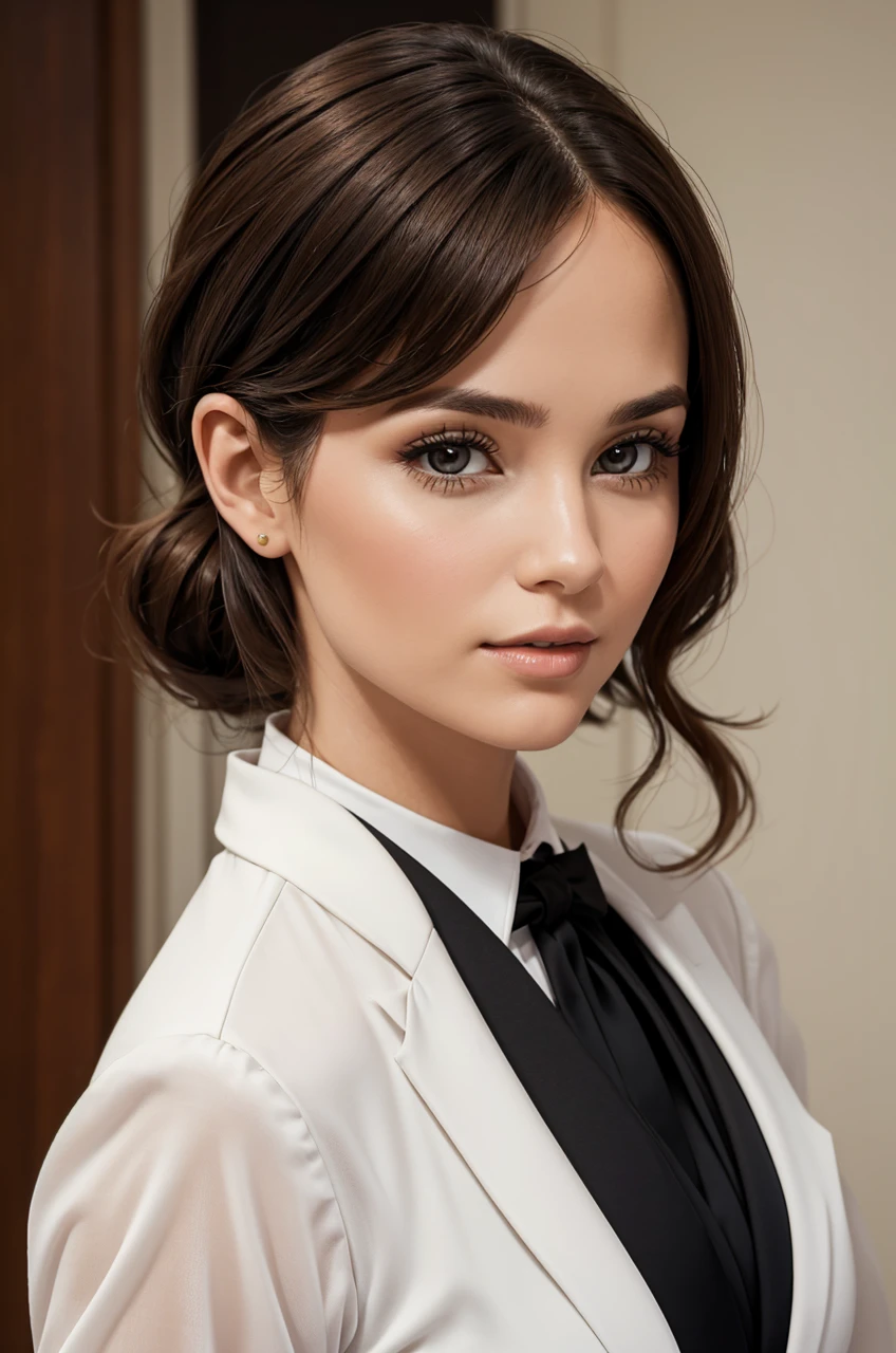 30 year old woman with brunette hair, wearing formal wear.