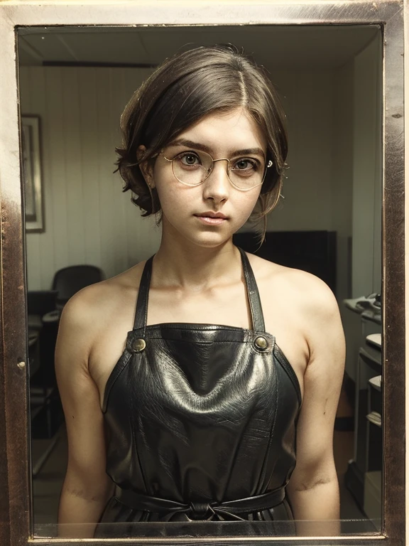 photo portrait of a young chubby Russian girl 22 years old, corneal reflections, Detailed leather texture, lump on the skin, fuzz on the skin, Fluffy hair, medium length brown tousled hair just below the shoulders (rebellious late 80s hairstyle), amber eyes, glasses with lenses, peering into the horizon, leather apron, in a hospital room, a dark room, depth of field, backlight