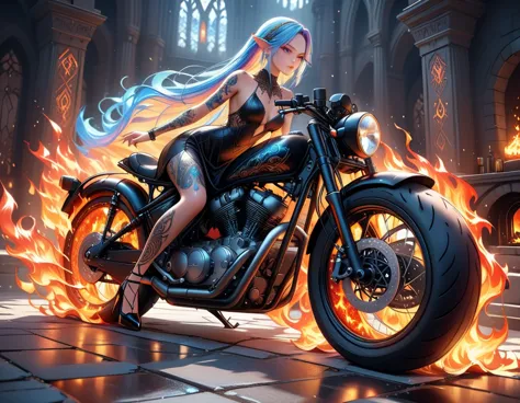 Arafed, Dark fantasy art, fantasy art, goth art, a picture of a of a tattooed female elf near her motorcycle (masterwork, best d...