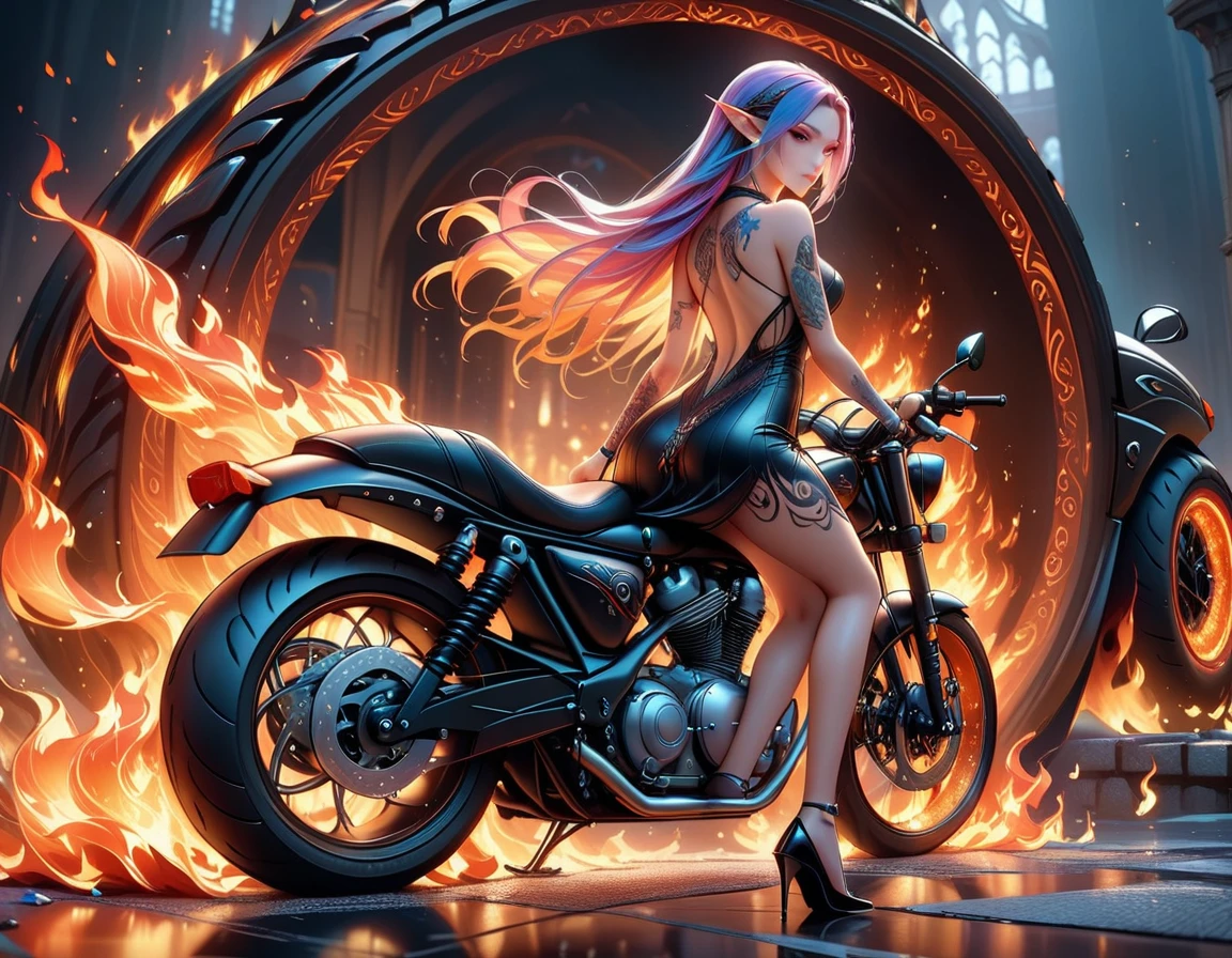 Arafed, Dark fantasy art, fantasy art, goth art, a picture of a of a tattooed female elf near her motorcycle (masterwork, best detailed, ultra detail: 1.5) the tattoo is vivid, intricate detailed coming to life from the ink to real life, GlowingRunesAI_paleblue, ((fire surrounds the motorcycle: 1.5)), ultra feminine, ((beautiful delicate face)), Ultra Detailed Face, small pointed ears, dynamic angle, ((the back is visible: 1.3), she wears a transparent black dress, the dress is elegant, flowing, elven style, that the tattoos glow, dynamic hair color, dynamic hair style, high details, best quality, 16k, [ultra detailed], masterpiece, best quality, (extremely detailed), dynamic angle, full body shot, faize, drkfntasy, Digital Painting, Intense gaze