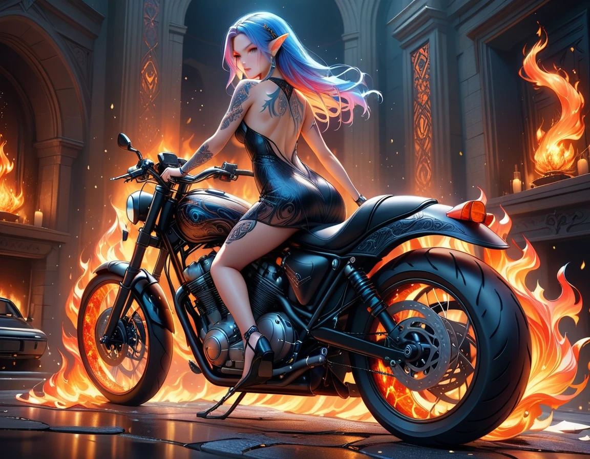 arabisch, Dark Fantasy-Kunst, Fantasy-Kunst, Gothic Kunst, ein Bild einer tätowierten Elfe neben ihrem Motorrad (Meisterwerk, am besten detailliert, Ultra-Detail: 1.5) das Tattoo ist lebendig, komplizierte Details erwachen aus der Tinte zum Leben, GlühendeRunenAI_hellblau, ((Feuer umgibt das Motorrad: 1.5)), ultrafeminin, ((schönes zartes Gesicht)), Ultradetailliertes Gesicht, kleine spitze Ohren, dynamischer Winkel, ((die Rückseite ist sichtbar: 1.3), sie trägt ein transparentes schwarzes Kleid, das Kleid ist elegant, fließend, Elfen-Stil, dass die Tattoos leuchten, dynamische Haarfarbe, dynamische Frisur, hohe Details, beste Qualität, 16k, [Ultra-Detailed], Meisterwerk, beste Qualität, (extrem detailliert), dynamischer Winkel, Ganzkörperaufnahme, interessieren, Abonnieren, digitale Zeichnung, intensiver Blick