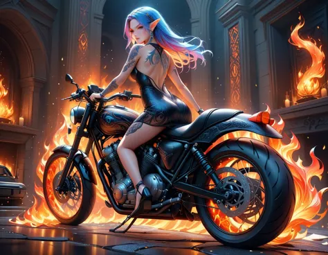 Arafed, Dark fantasy art, fantasy art, goth art, a picture of a of a tattooed female elf near her motorcycle (masterwork, best d...