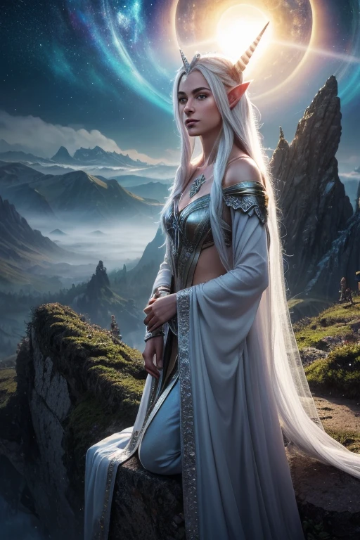 epic cinema, bright, Awesome, intricately detailed, dramatic, atmospheric, perfectionist, digital matte painting. Stunning professional masterpiece of a beautiful young pointy-eared elf named Arwen with long straight white hair., piercing crystal blue eyes, el elfo está al lado de su unicornio blanco bright, Its fur shines like small specks of glitter due to the sunlight that falls on the figure of the elf and the unicorn... Lamluz is soft and warm.. As a backdrop there is a mystical landscape that surrounds the image creating a magical atmosphere.. fantasía etérea niebla hiperdetallada Thomas Kinkade Resolución 8k ilustración cósmica astral holográfica técnica mixta de Pablo Amaringo rayos de sol celestiales divino bright enfoque suave santo en las nubes