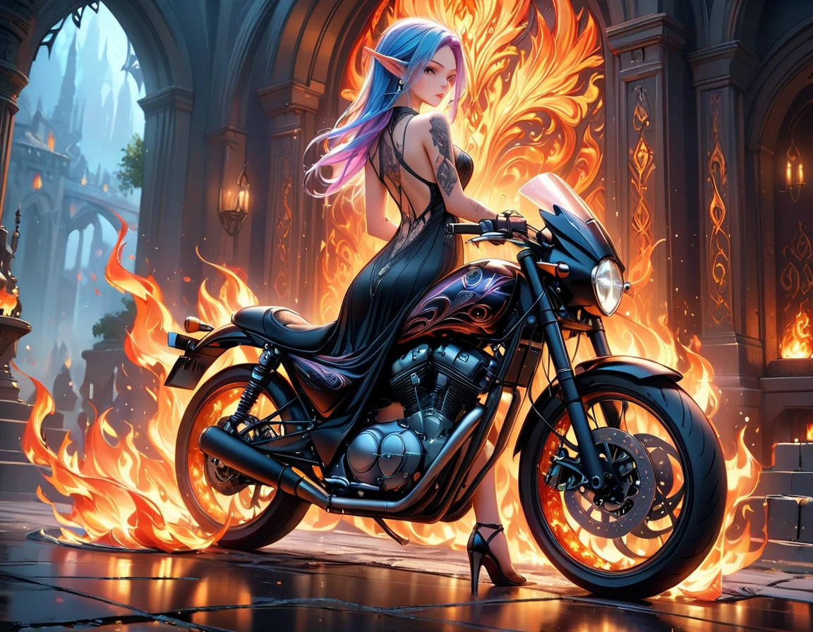 Arafed, Dark fantasy art, fantasy art, goth art, a picture of a of a tattooed female elf near her motorcycle (masterwork, best detailed, ultra detail: 1.5) the tattoo is vivid, intricate detailed coming to life from the ink to real life, GlowingRunesAI_paleblue, ((fire surrounds the motorcycle: 1.5)), ultra feminine, ((beautiful delicate face)), Ultra Detailed Face, small pointed ears, dynamic angle, ((the back is visible: 1.3), she wears a transparent black dress, the dress is elegant, flowing, elven style, that the tattoos glow, dynamic hair color, dynamic hair style, high details, best quality, 16k, [ultra detailed], masterpiece, best quality, (extremely detailed), dynamic angle, full body shot, faize, drkfntasy, Digital Painting, Intense gaze