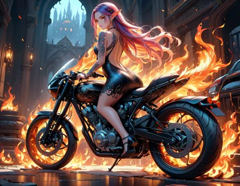 Arafed, Dark fantasy art, fantasy art, goth art, a picture of a of a tattooed female elf near her motorcycle (masterwork, best d...