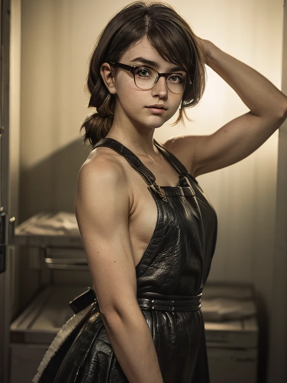 photo portrait of a young chubby Russian girl 22 years old, corneal reflections, Detailed leather texture, lump on the skin, fuzz on the skin, Fluffy hair, medium length brown tousled hair just below the shoulders (rebellious late 80s hairstyle), amber eyes, glasses with lenses in black frames, looking into the eyes of the viewer, leather apron, muscular arms, Graceful fingers, in a hospital room(Morgue), a dark room, depth of field, backlight