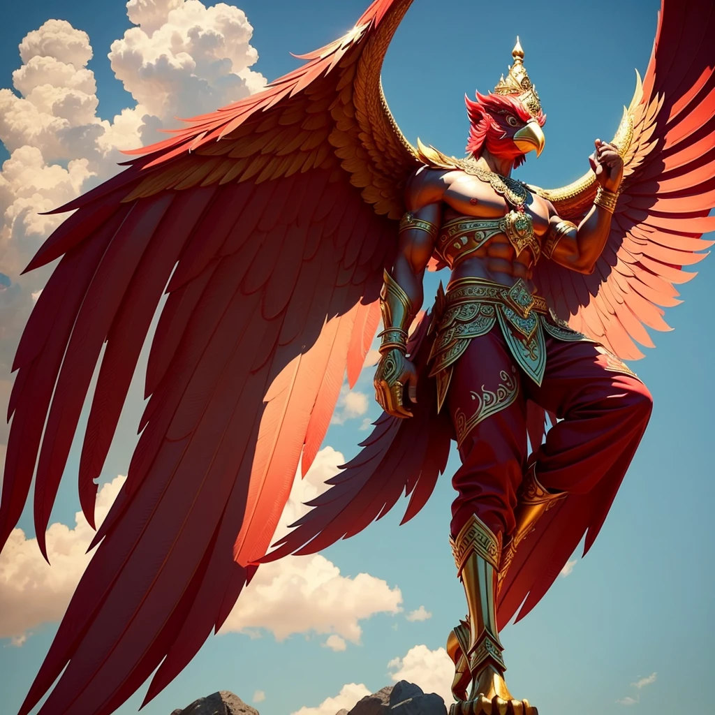 Garuda, a male anthropomorphic bird, has the appearance of a bird. The head and appearance are that of a bird. Has a bird's head, red feathers, red eye details, muscular body, best anatomy, red skin, red feathers on the body. Big red wings spread out. perfect wingspan Wear jewelry made from gold with Thai designs. Gold jewelry adorned with diamonds sits on the head of a red bird. Wear a gold chain on the left and right on the chest. Wear bright red pants, Thai silk with a Thai pattern and a gold waistband. Beautiful red cloth, ancient Thai cloth, holding a sword, hands and legs having the appearance of a complete bird. perfect hands, legs, feet Standing on the grass, looking straight, standing fully, body with the most refined skin. red skin body Maximum feather detail. Red feather. Maximum eye detail. Red eye.
Maximum anatomical detail Details, cloth, accessories, Thai warrior armor, ultimate weapon Masterpiece quality The most realistic picture Maximum realism and detail The best light The best quality of light and shade World-class studio photography Best close-up view Thai temple castle backdrop made of gold, onyx, emerald, diamond, the most perfect fantasy. The background is the sky, clouds, fog. Feeling natural and realistic