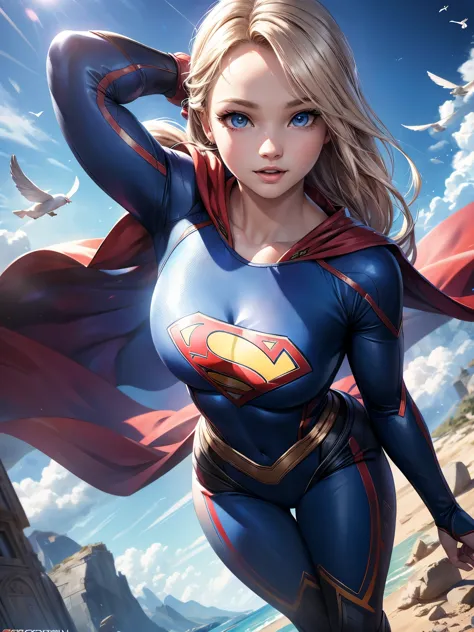 A Dove Cameron young woman as Supergirl,futuristic costume,red cape,vibrant detailed eyes,flying,wind blowing,looking at camera,...