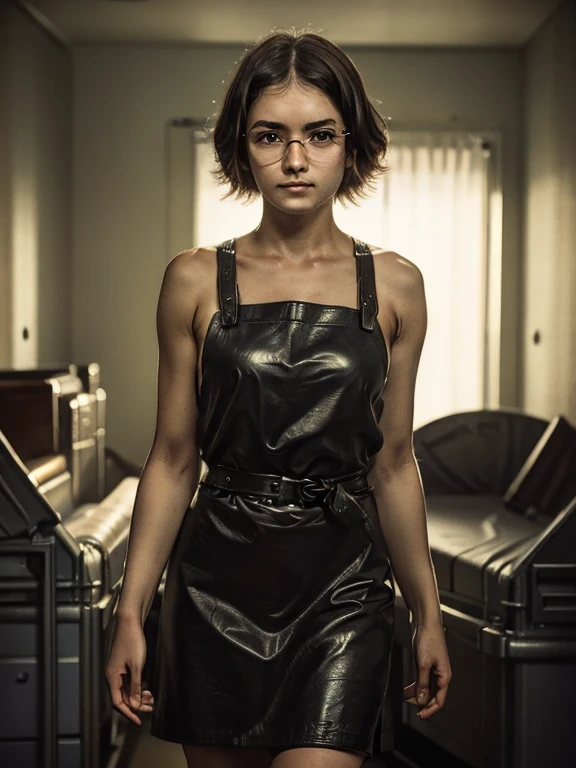 photo portrait d&#39;une jeune fille russe potelée de 22 ans, reflets cornéens, Texture de cuir détaillée, bosse sur la peau, du duvet sur la peau, cheveux duveteux, cheveux châtains mi-longs ébouriffés juste en dessous des épaules (coiffure rebelle de la fin des années 80), yeux ambrés, lunettes avec verres à monture noire, regarder dans les yeux du spectateur, tablier en cuir nu, bras musclés, doigts gracieux, dans une chambre d’hôpital(morgue), une pièce sombre, profondeur de champ, rétroéclairage